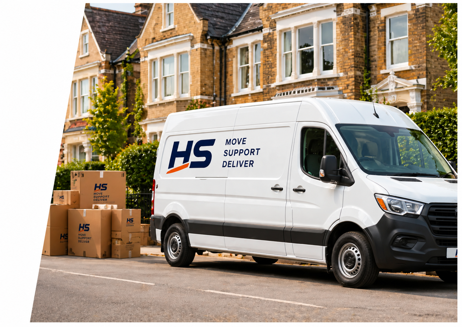 HS brand illustration of a moving van and packed boxes outside a home